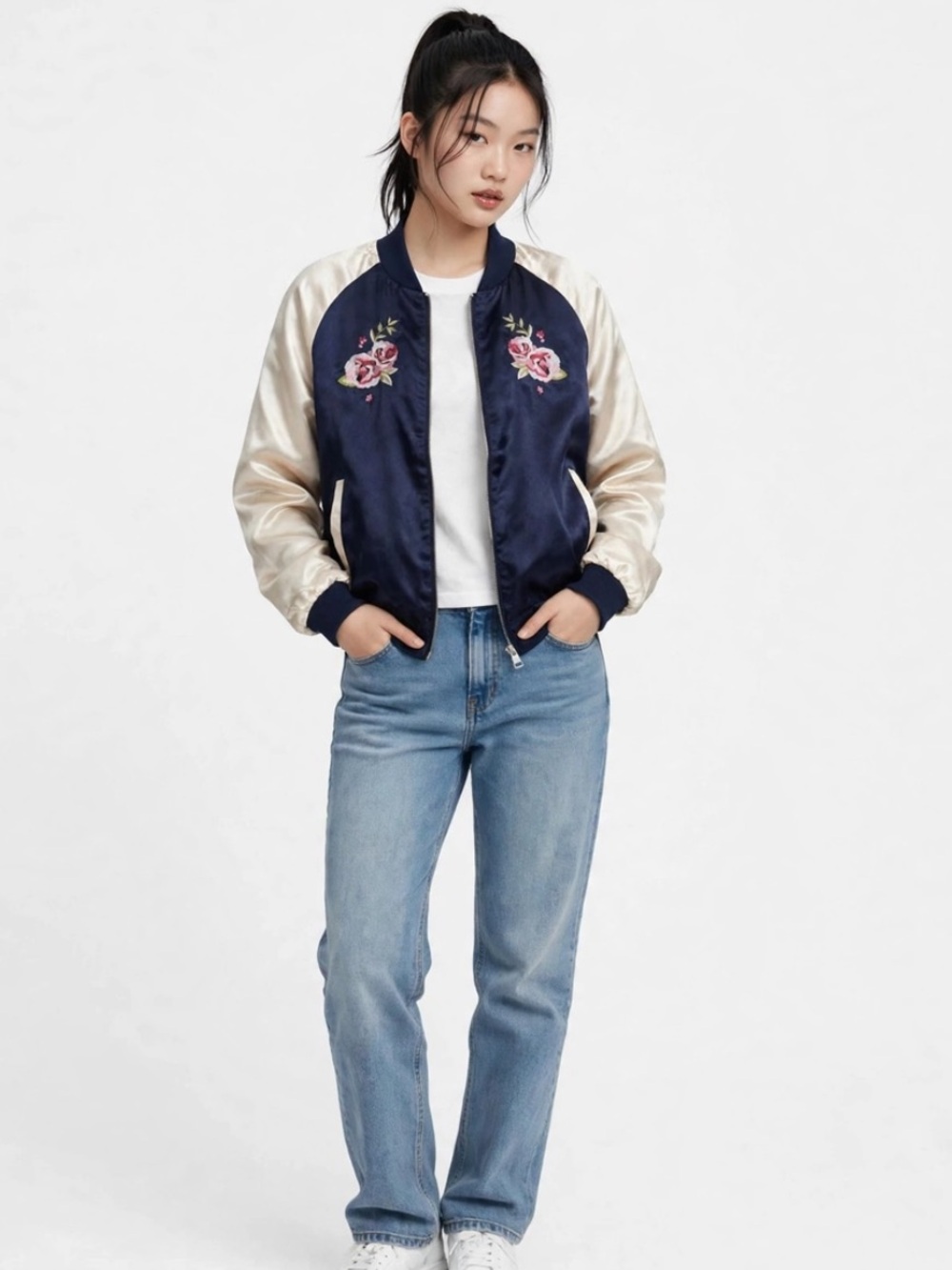 love, Fire Navy & Cream Satin Embroidered Bomber Jacket